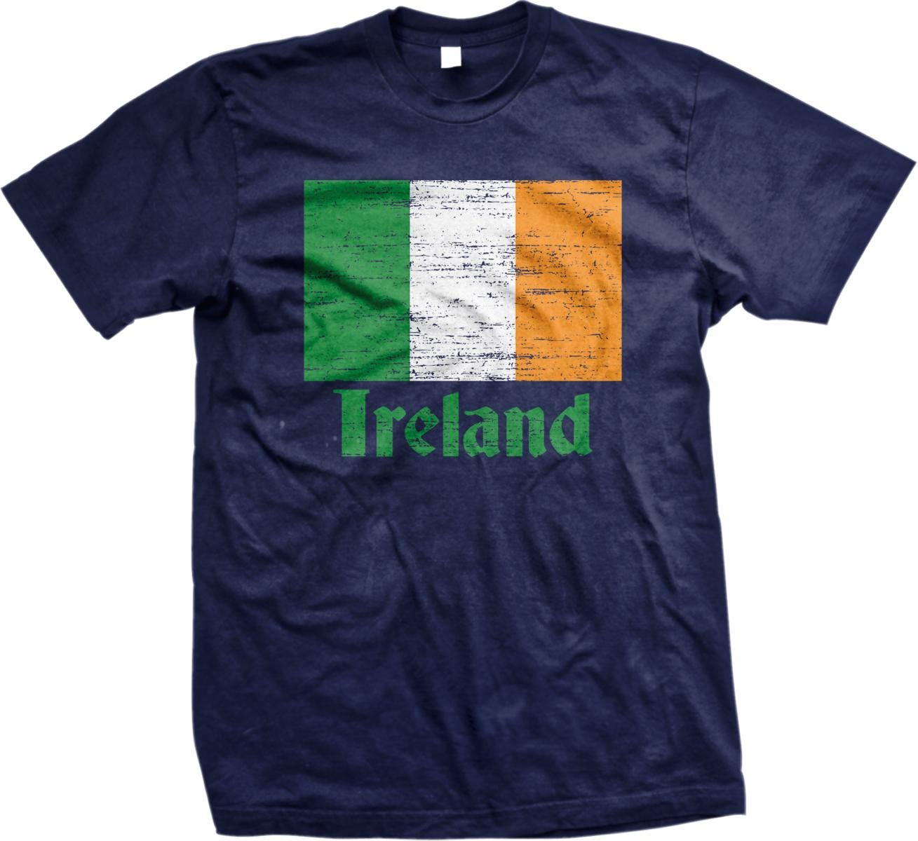 A navy blue t-shirt with a graphic design featuring the colors of the Irish flag.