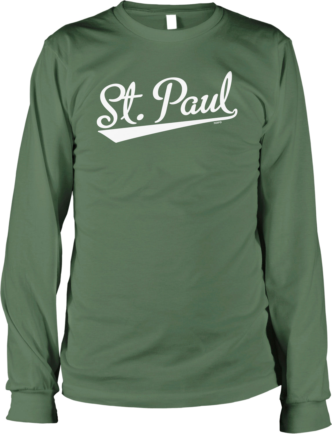 A green long-sleeved shirt with the text "St. Paul" printed on it in white.