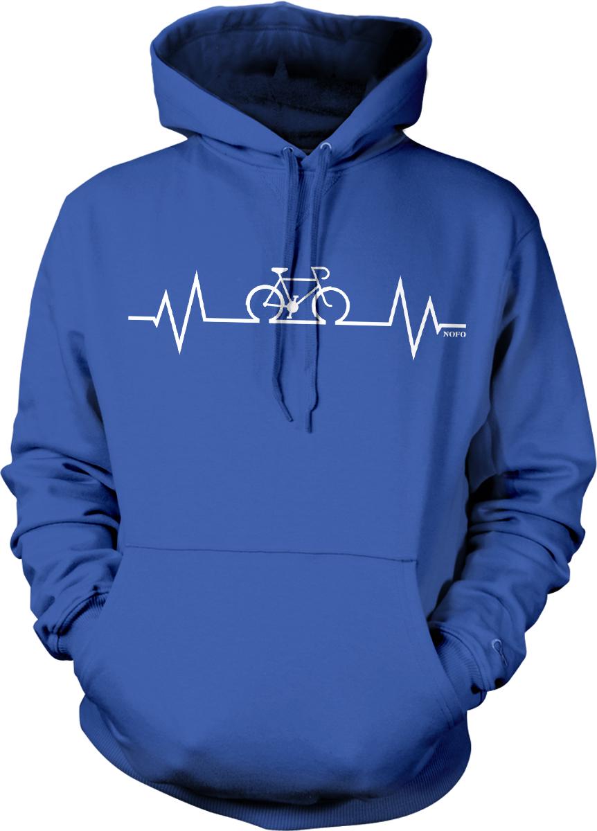 A blue hoodie with a white graphic design depicting a bicycle and a line graph or ECG-like line on the front.