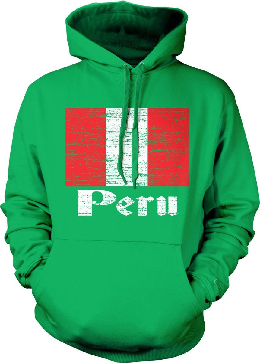 A bright green hoodie with a graphic design featuring the text "Peru" in white letters.