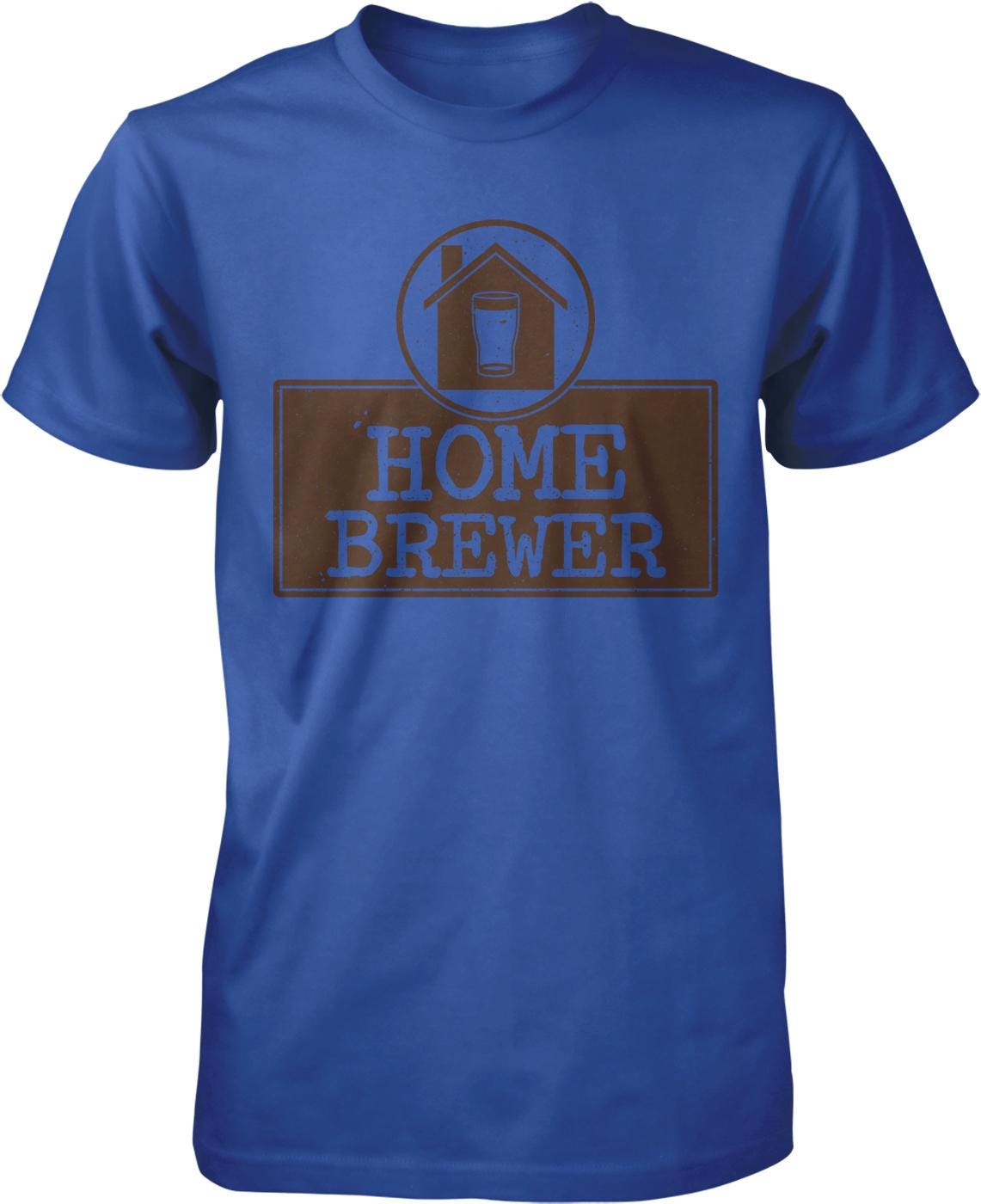 A blue t-shirt with a graphic design that says "HOME BREWER" and features a house and a beer glass.
