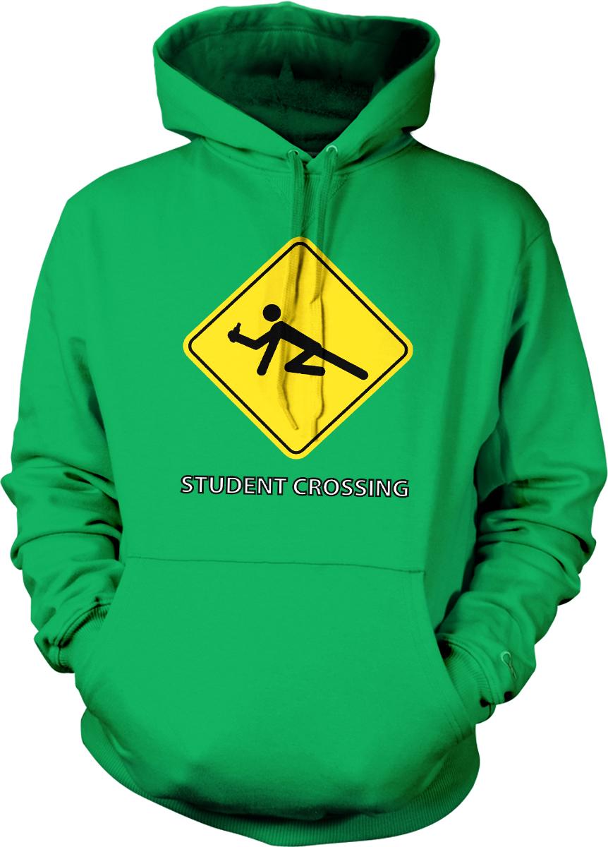 A bright green hoodie with a yellow diamond-shaped sign featuring a person in a crouching position.
