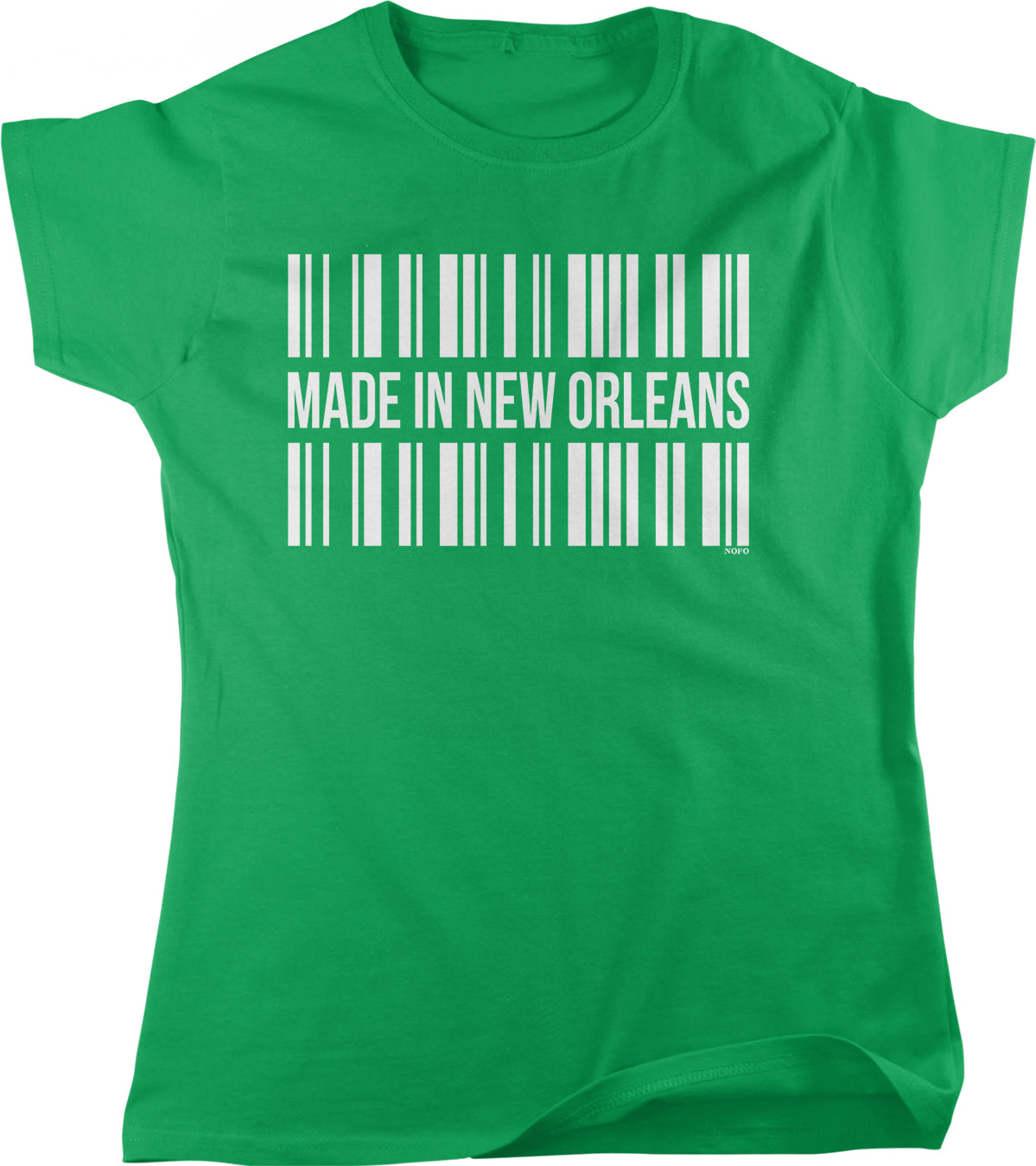 A green t-shirt with the text "MADE IN NEW ORLEANS" printed on it, along with a barcode design.