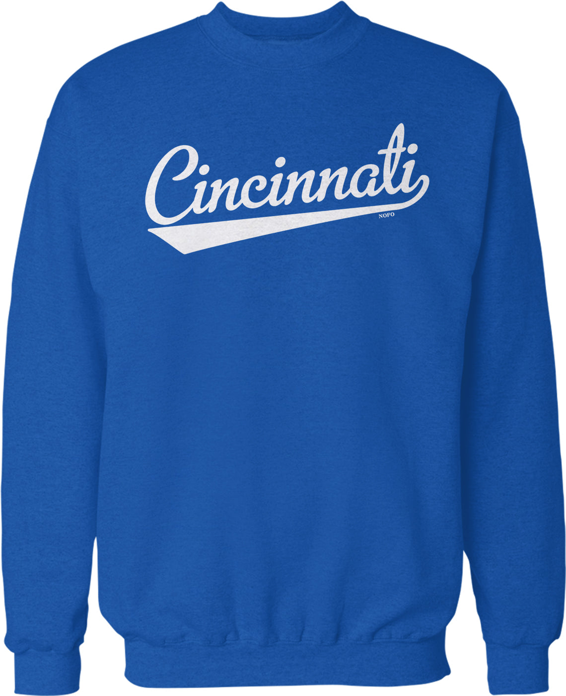 A blue sweatshirt with the word "Cincinnati" printed on it in white text.