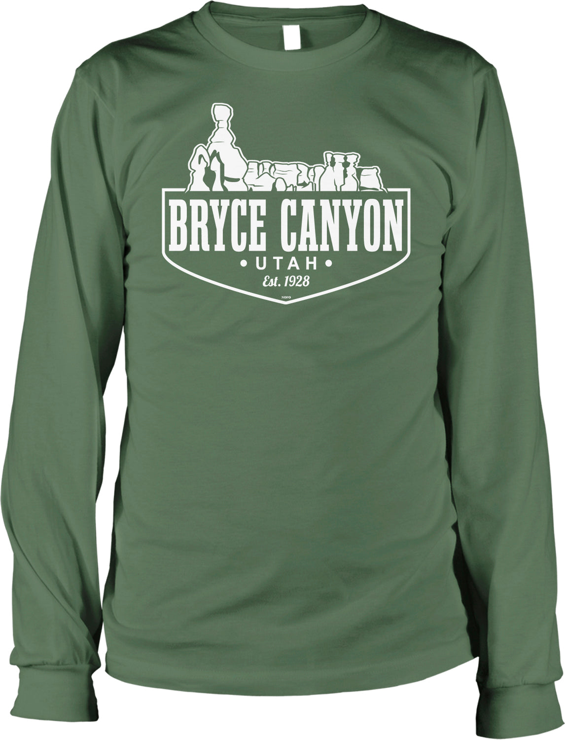 A green long-sleeved t-shirt with a graphic design depicting the Bryce Canyon National Park in Utah.