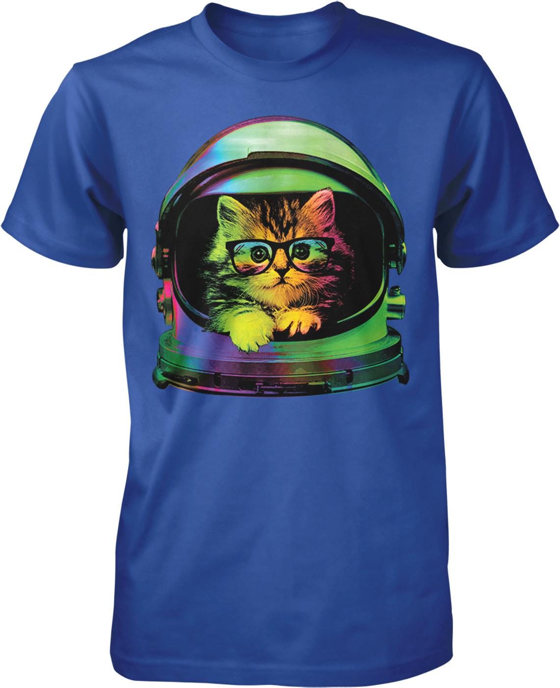A blue t-shirt with a colorful graphic of a cat wearing a space helmet and glasses.