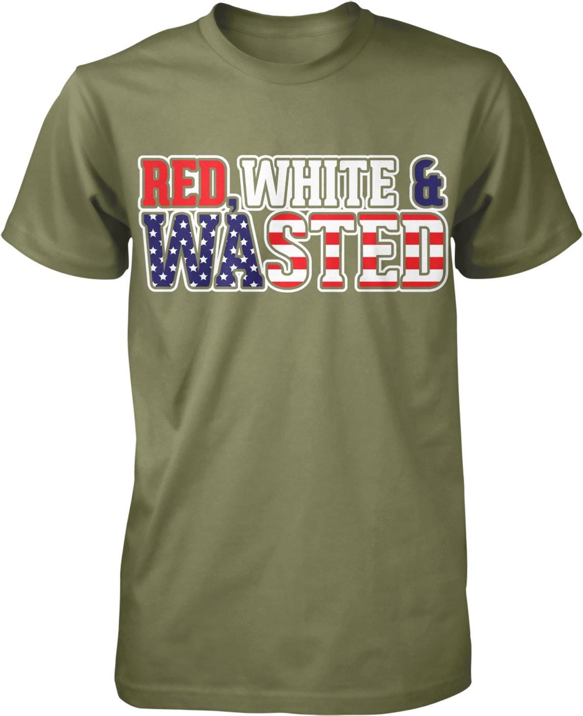 A green t-shirt with the text "RED, WHITE & WASTEED" printed on it.