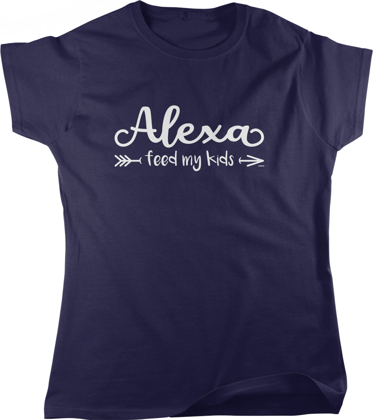 A navy blue t-shirt with the text " Alexa feed my kids" printed on it in white lettering.