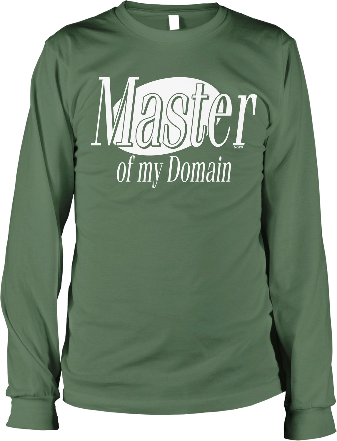 A green long-sleeved t-shirt with the text "Master of my Domain" printed on it.