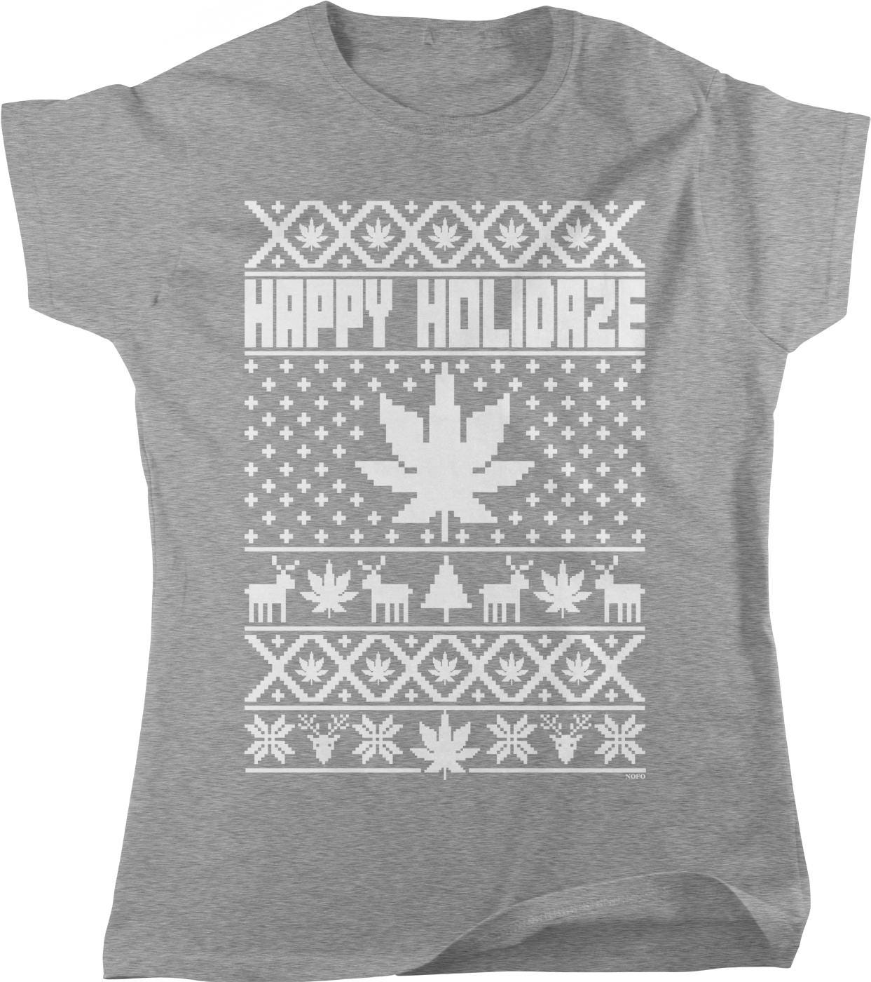 A gray t-shirt with a repeating pattern of snowflakes, reindeer, and a marijuana leaf, along with the text "Happy Holidaze" printed on it.