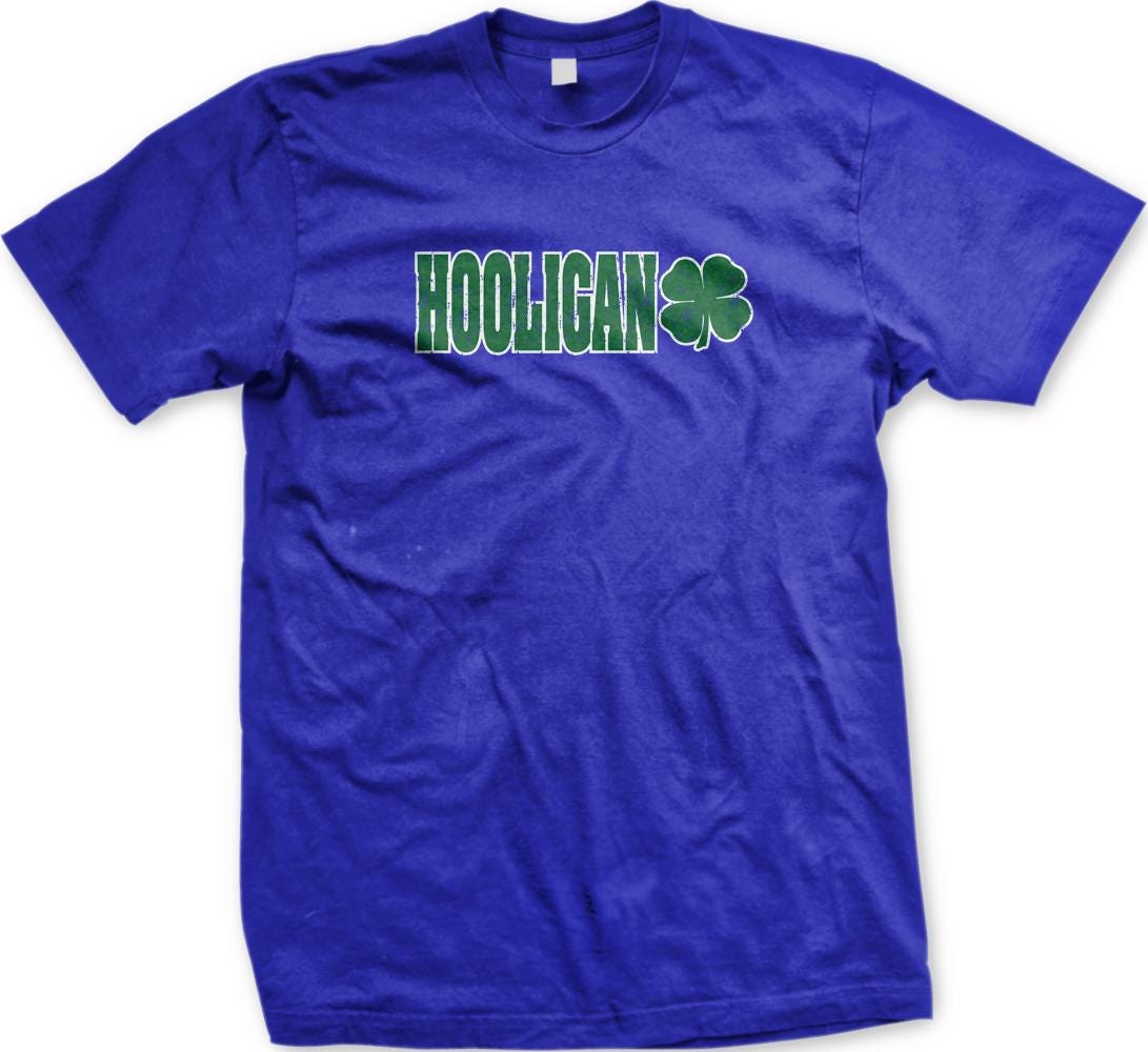 A blue t-shirt with the text "HOOLIGAN" printed on it.