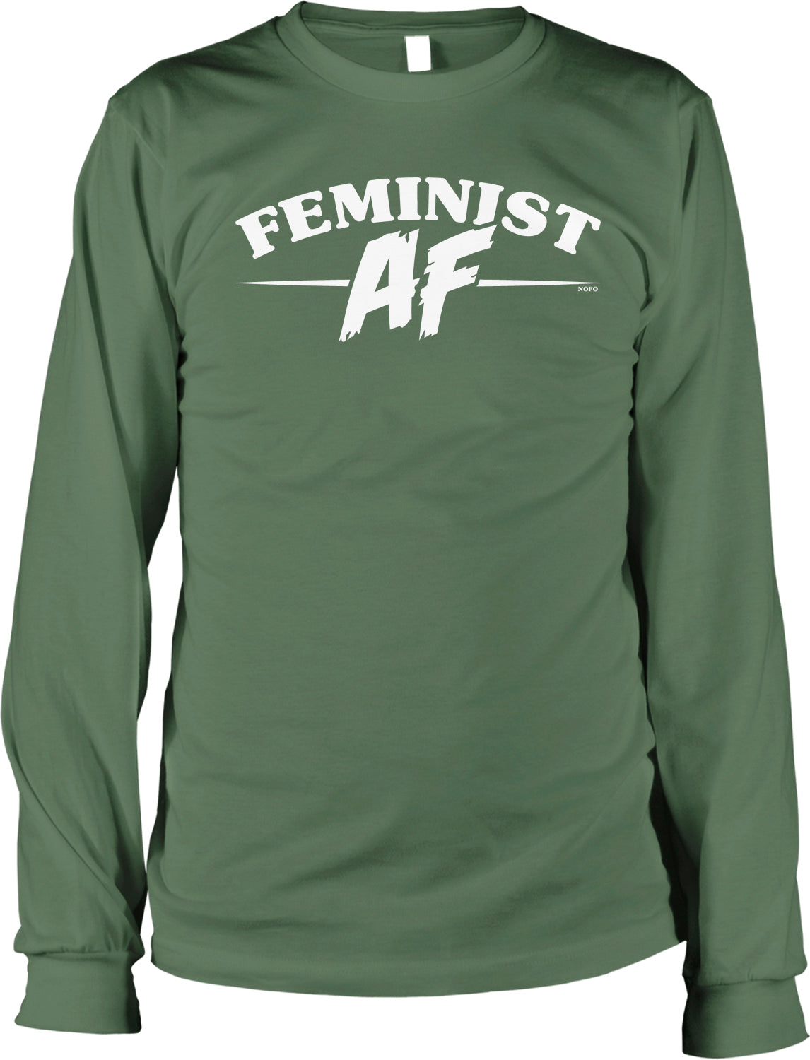 A green long-sleeved t-shirt with the text "FEMINIST AF" printed on it in white letters.