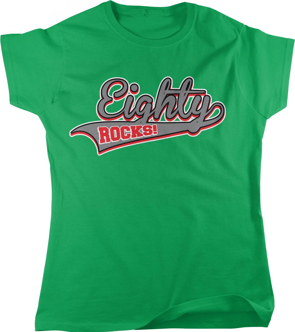 A green t-shirt with the text "Eighty Rocks!" printed on it.