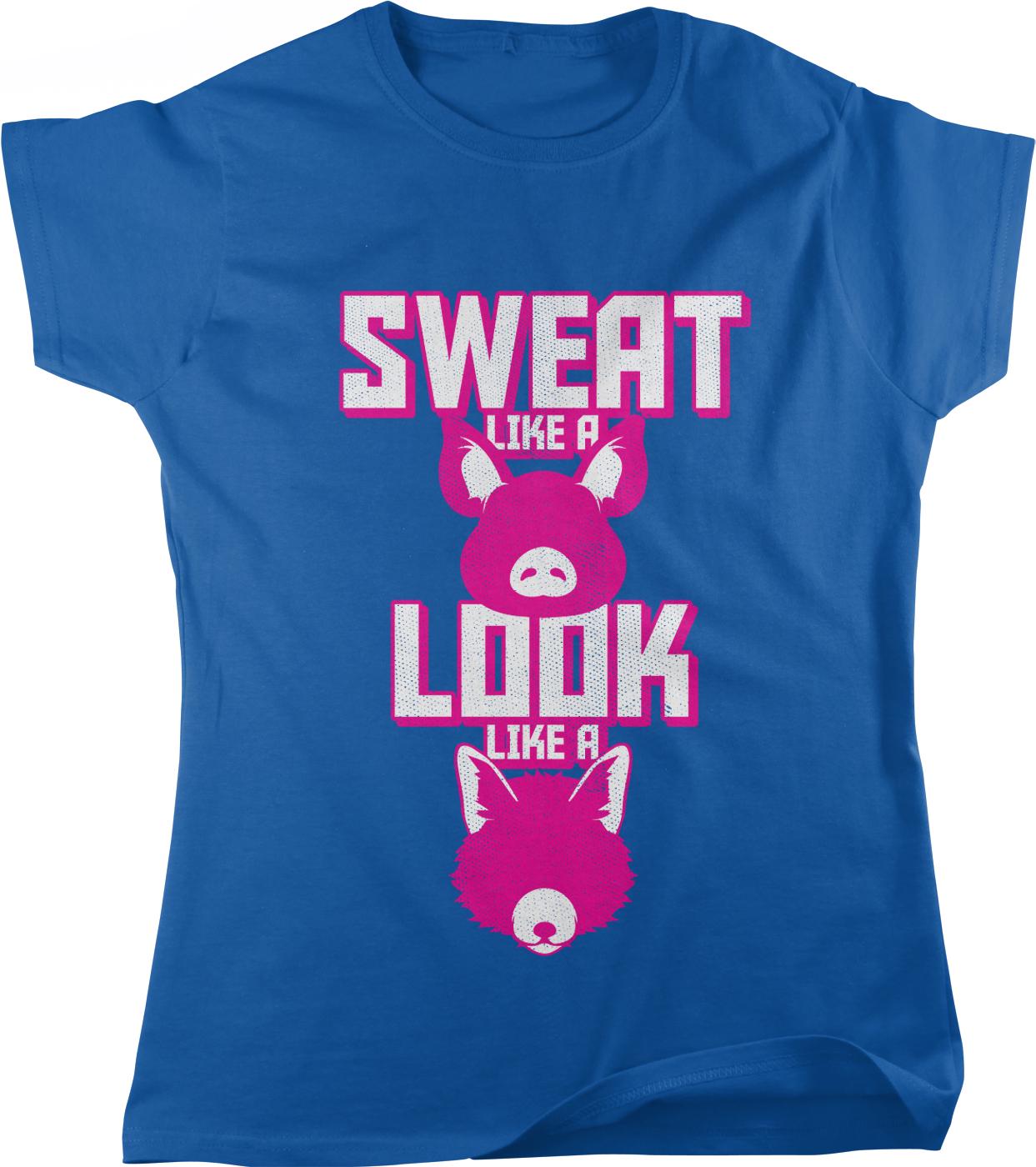 The image is a blue t-shirt with a graphic design featuring a pink pig and the text "SWAT LIKE A LOOK LIKE A" in white and pink letters.