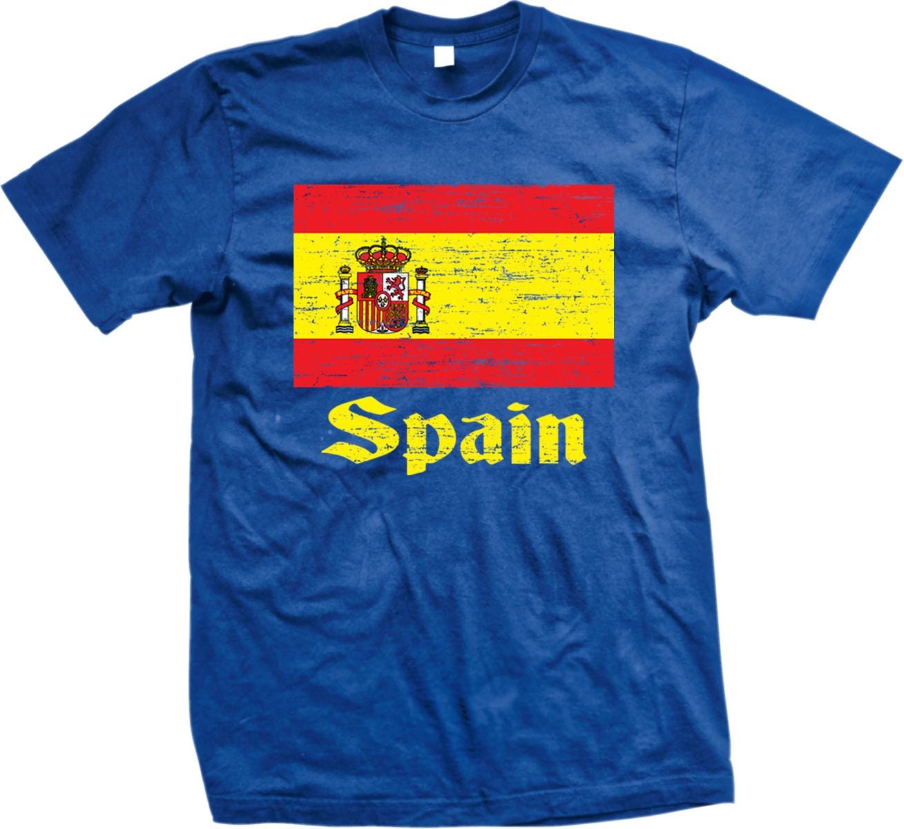 A blue t-shirt with a graphic of the Spanish flag and the word "Spain" printed on it.
