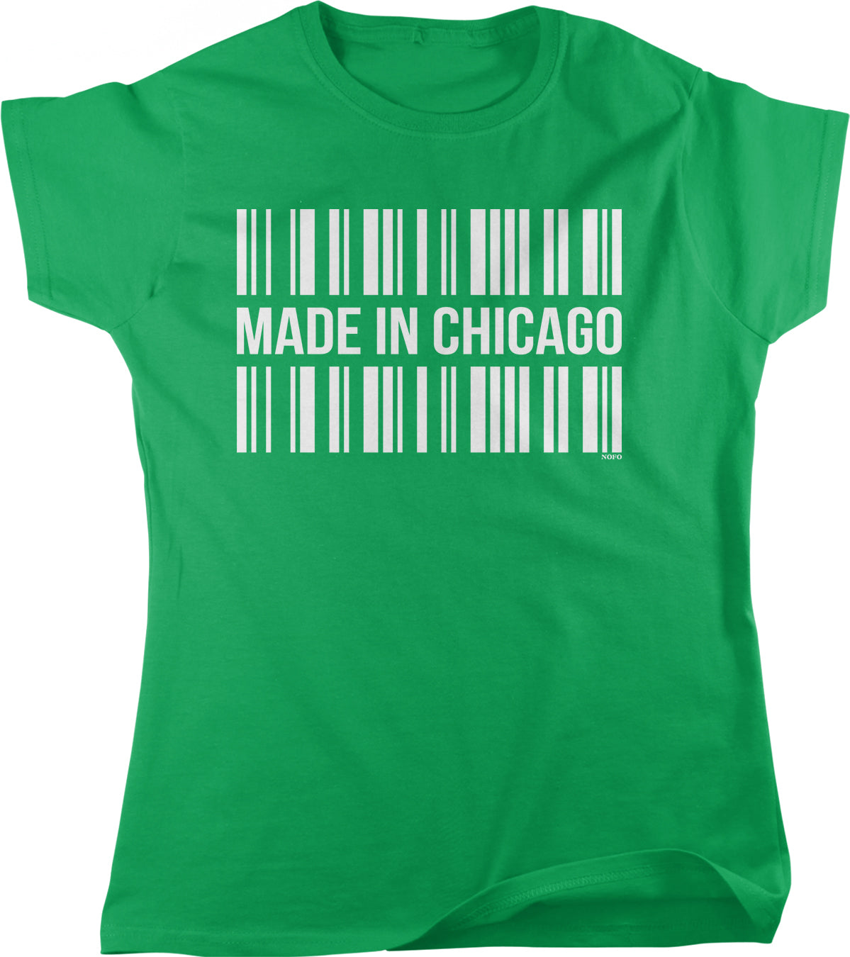 A green t-shirt with the text "MADE IN CHICAGO" printed on it, along with a barcode design.