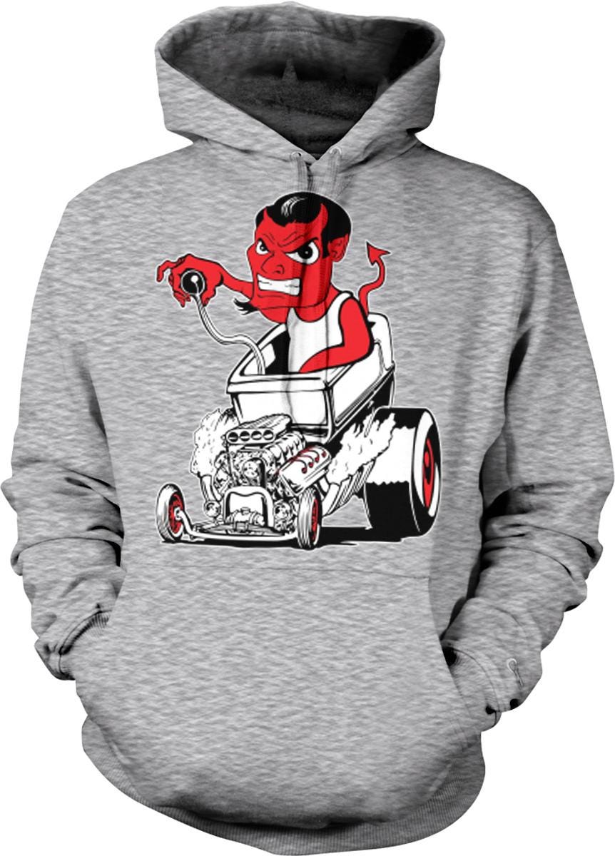 A gray hoodie with a graphic design depicting a red devil-like character sitting in a car with a large engine.