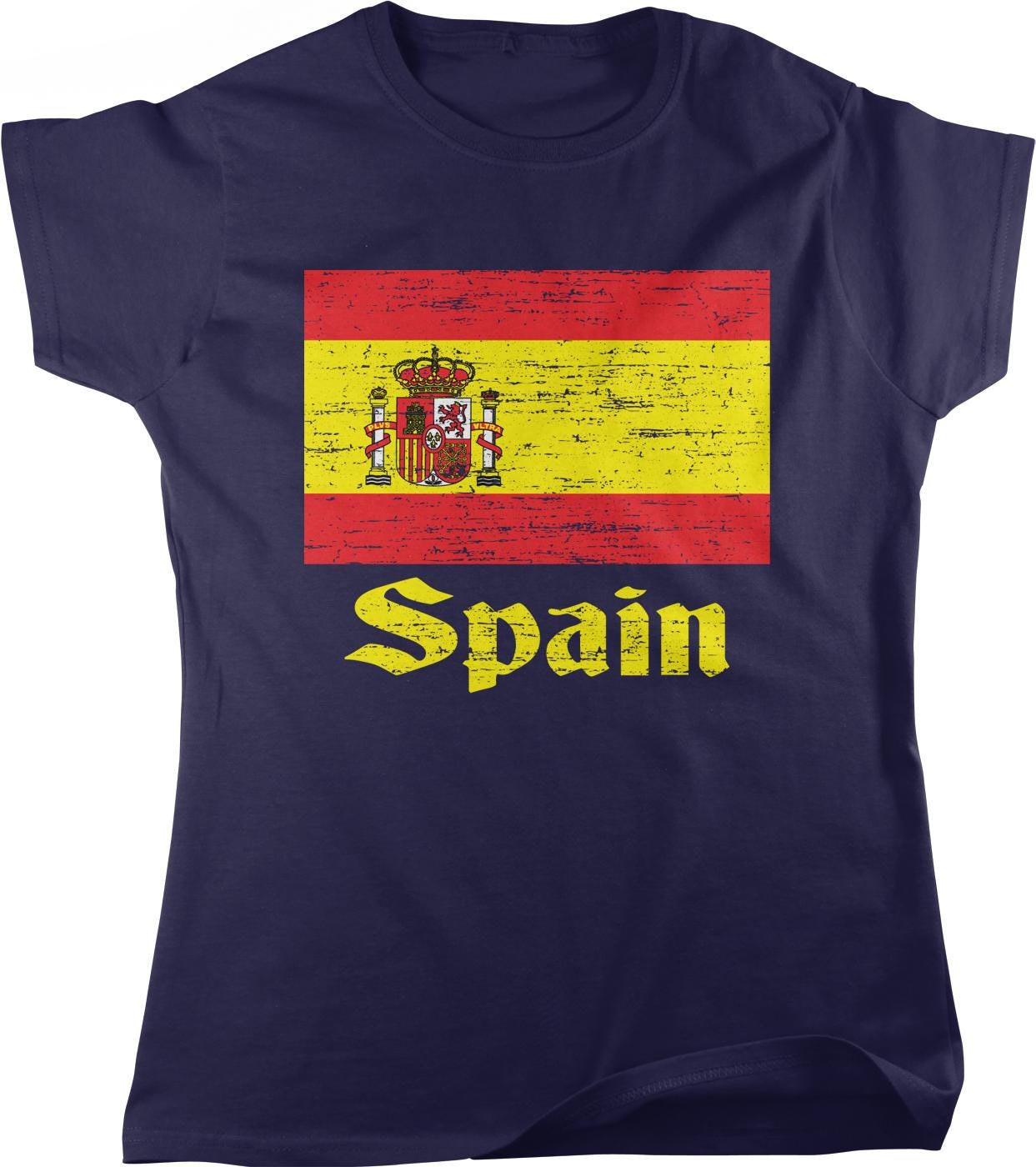 A dark blue t-shirt with a graphic design depicting the flag of Spain and the word "Spanish" written below it.