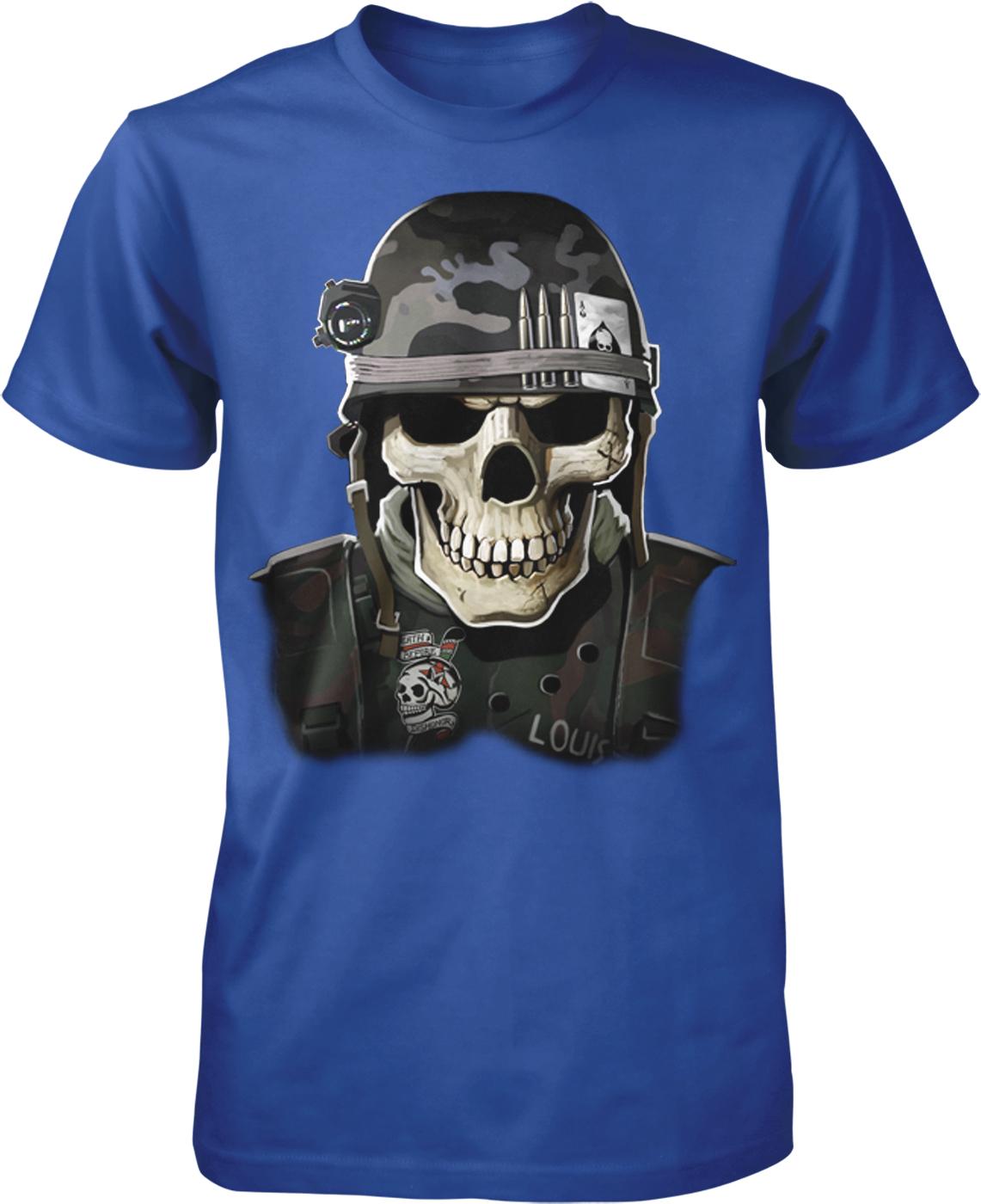 A blue t-shirt with a graphic design depicting a skull wearing a military-style helmet and a vest with the word "LOUIS" printed on it.