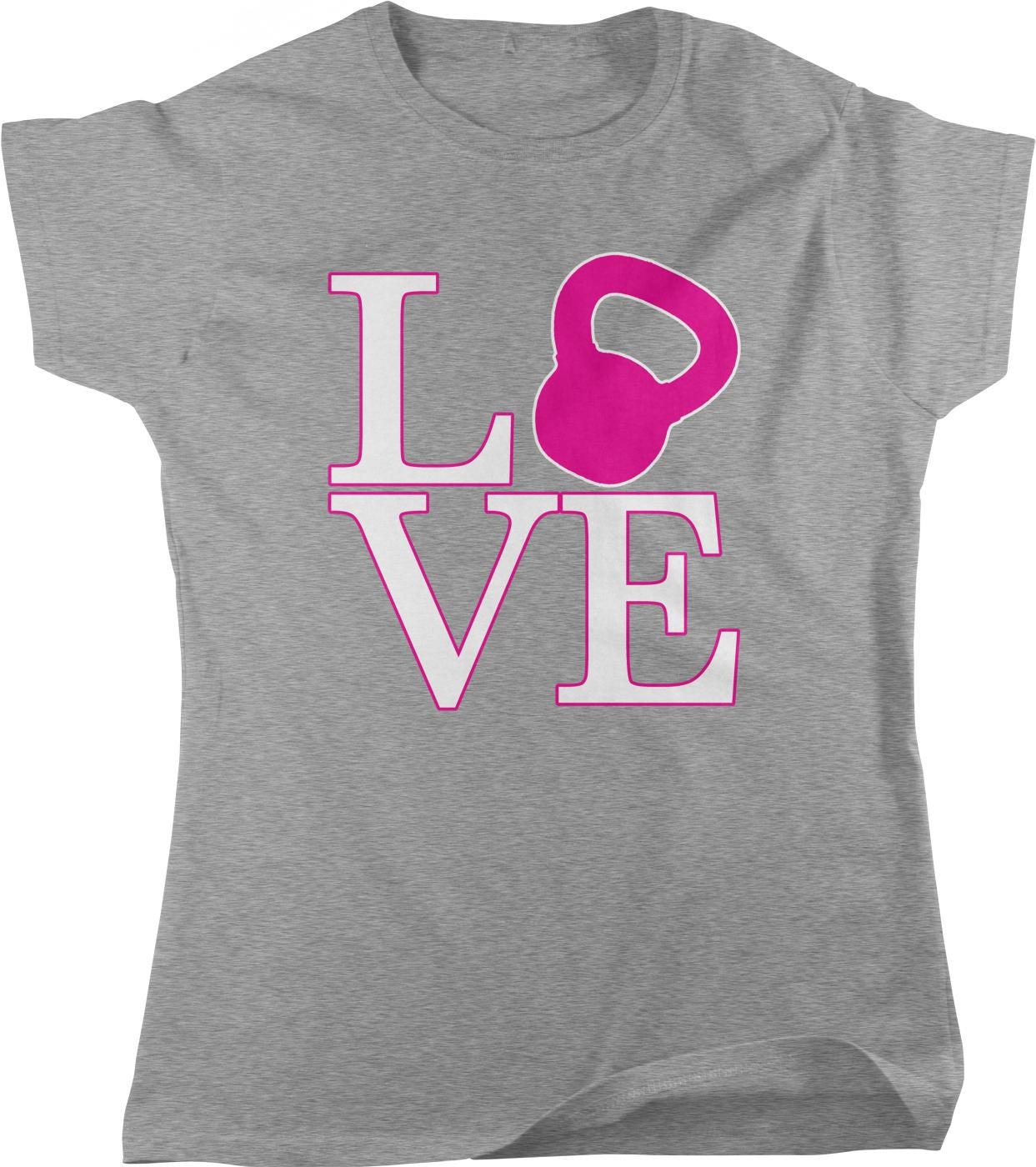 A gray t-shirt with the word "LOVE" printed in pink letters, along with a pink kettlebell graphic.