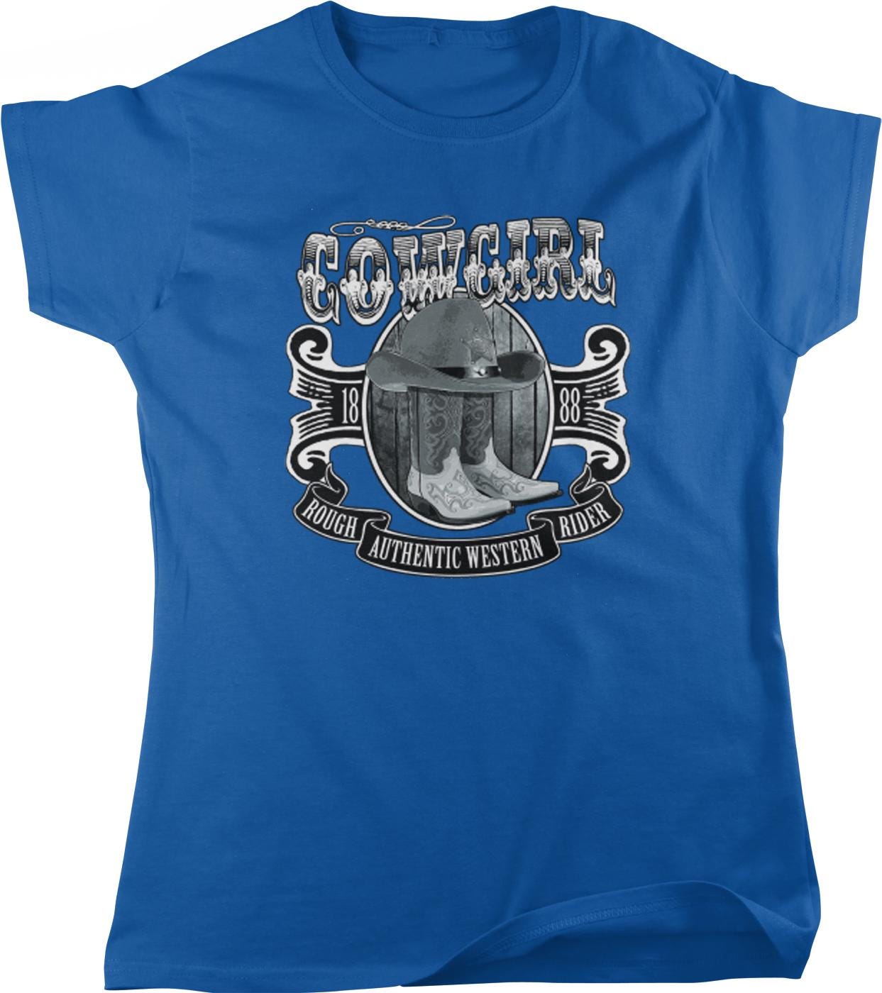 The image is a blue t-shirt with a graphic design featuring a cowboy hat, boots, and the text "COWgirl" prominently displayed.