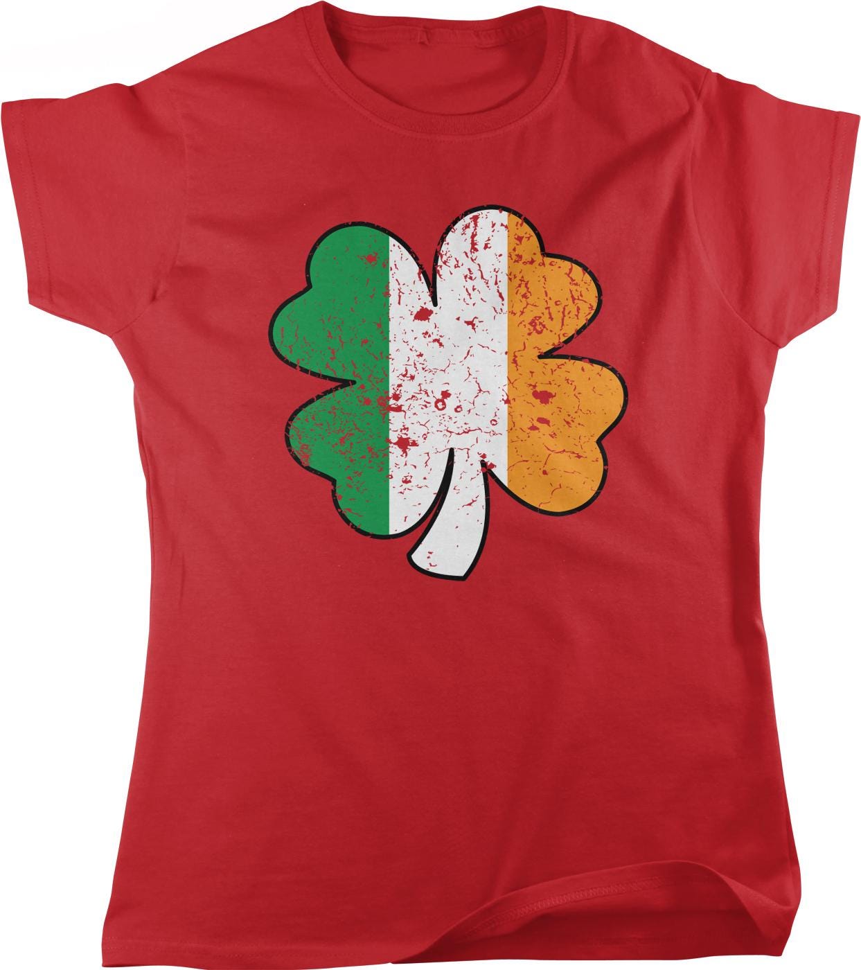 A red t-shirt with a graphic design of a four-leaf clover, which is a symbol associated with Ireland.