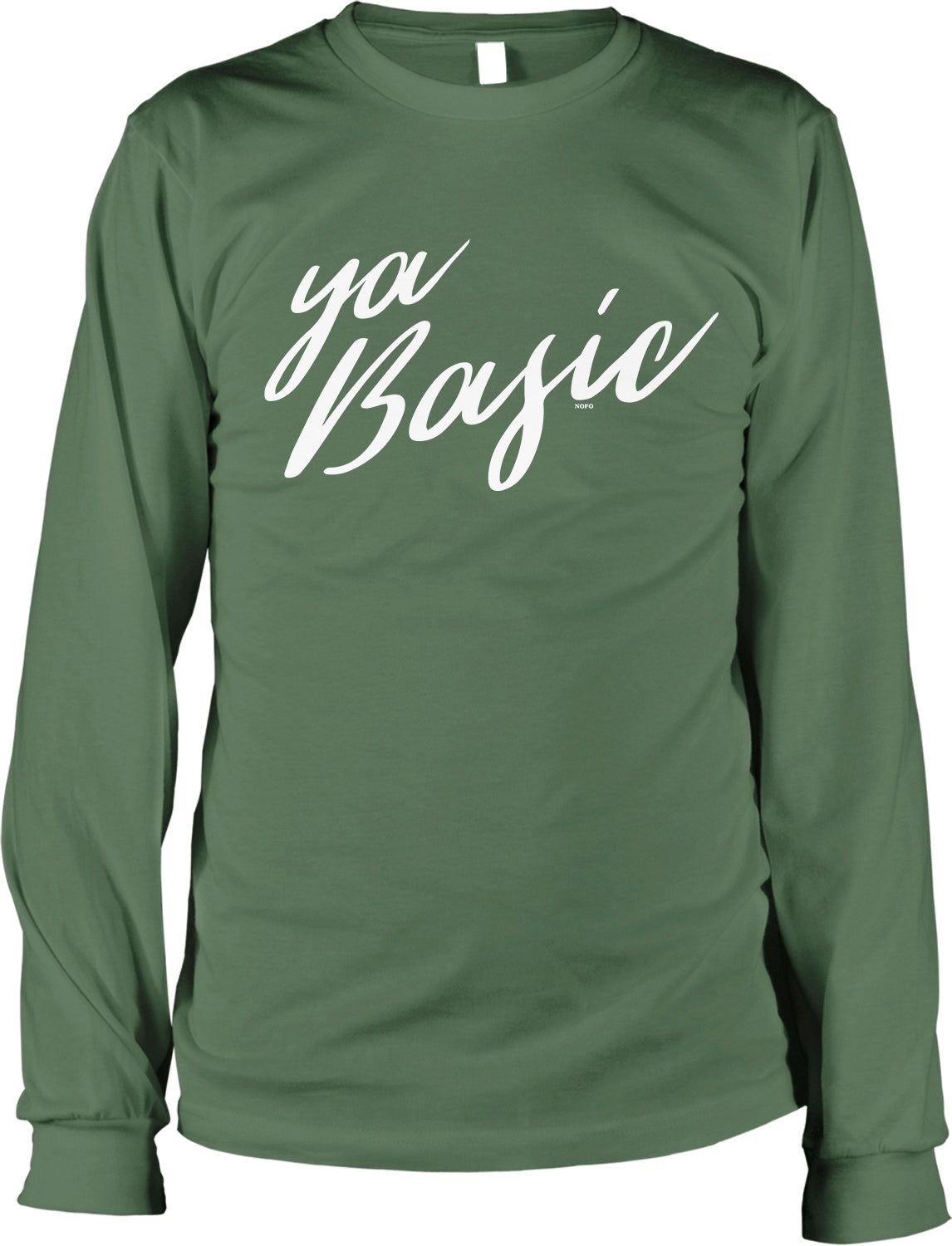 A green long-sleeved shirt with the text "ya Basic" printed on it in white.