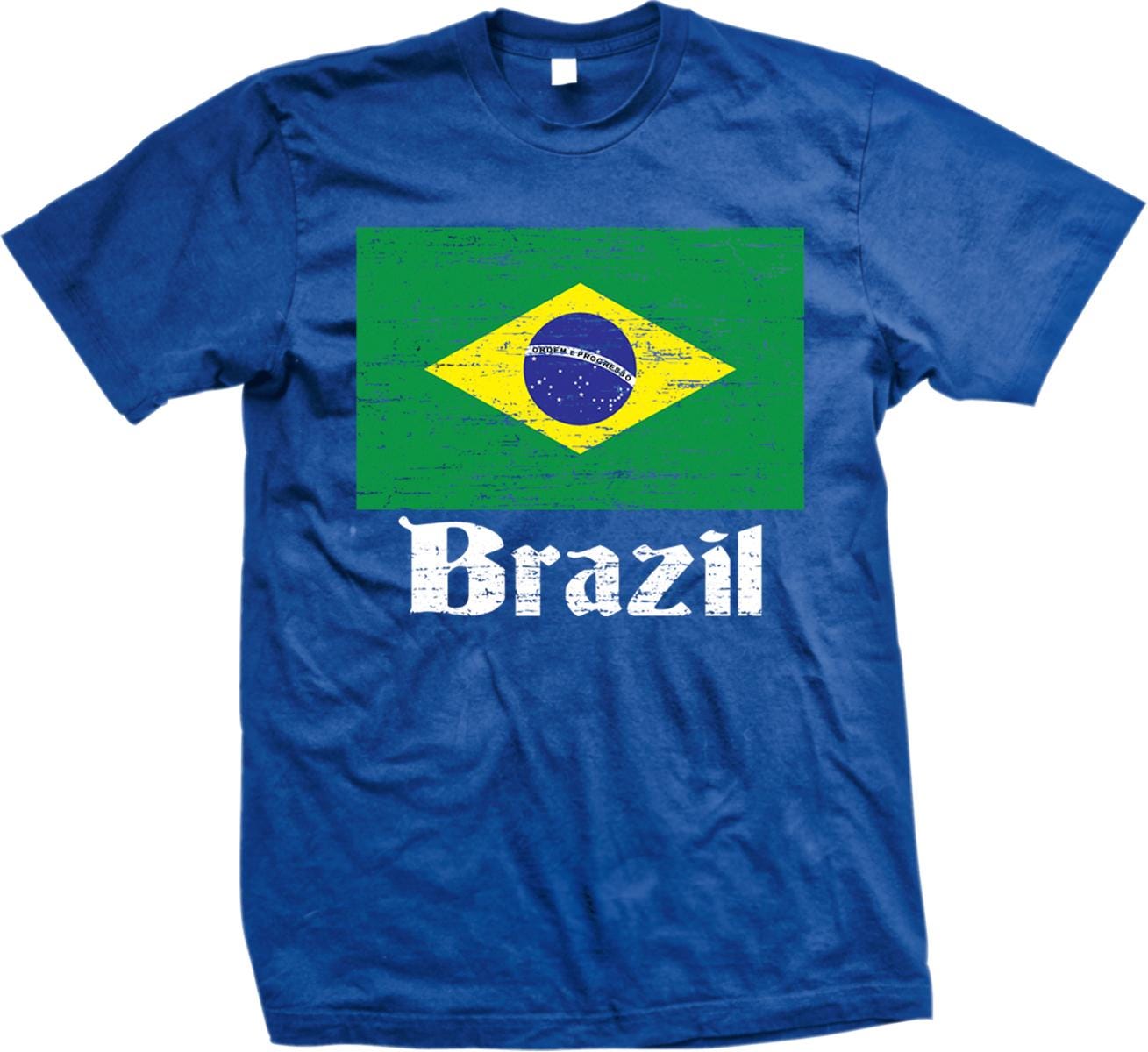 A blue t-shirt with the word "Brazil" printed on it, along with the Brazilian flag.