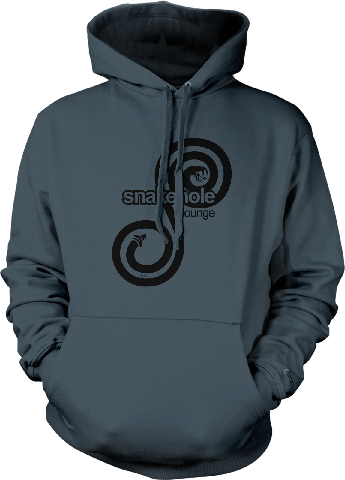 A gray hoodie with a black graphic design on the front.