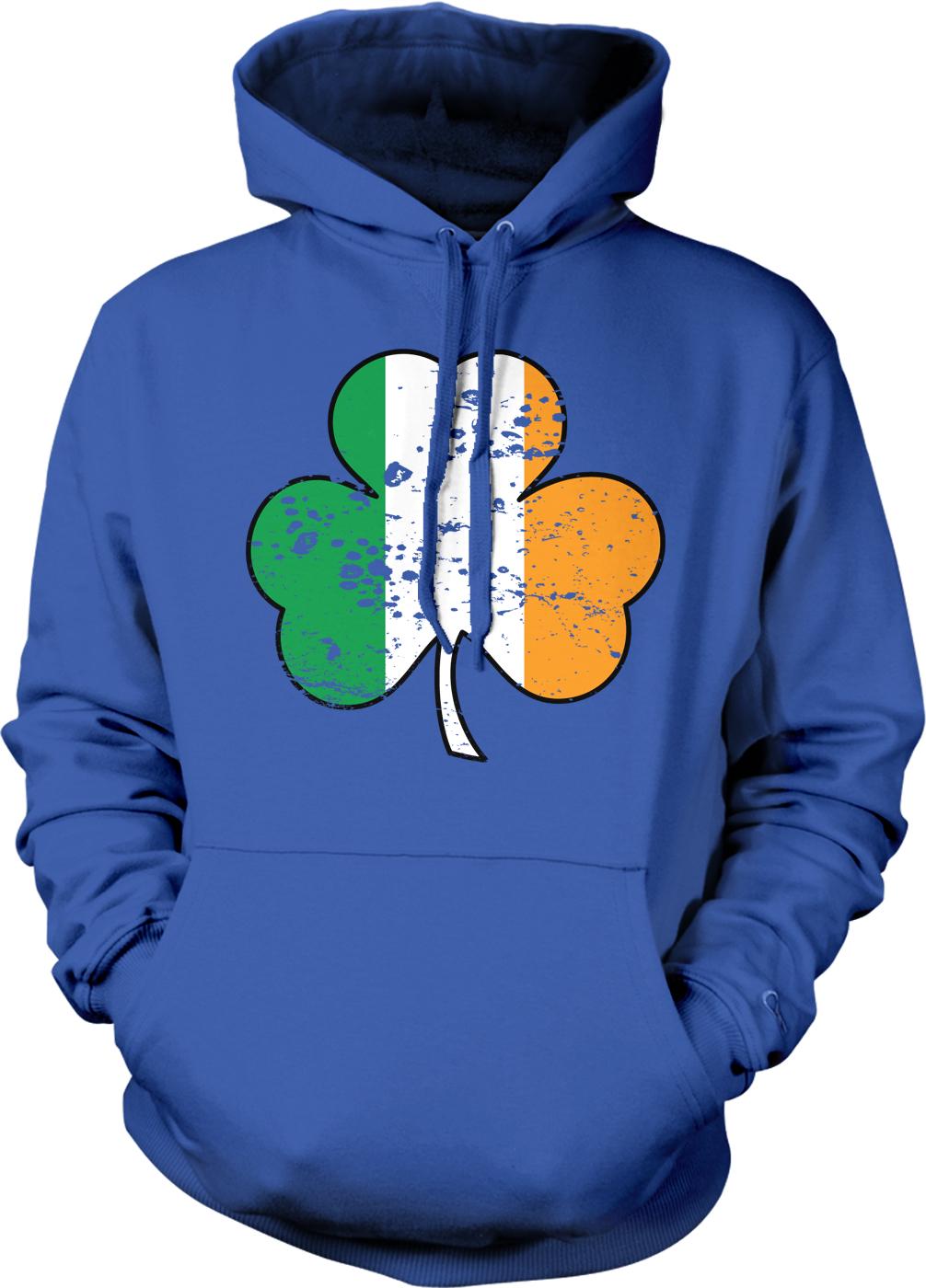 A blue hoodie with a graphic of a cloverleaf design featuring the colors of the Irish flag.