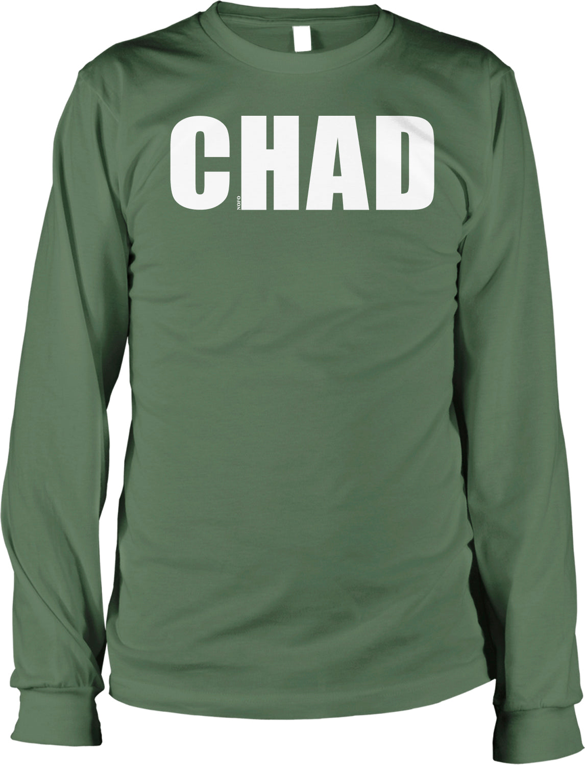 A long-sleeved green t-shirt with the word "CHAD" printed in white letters.