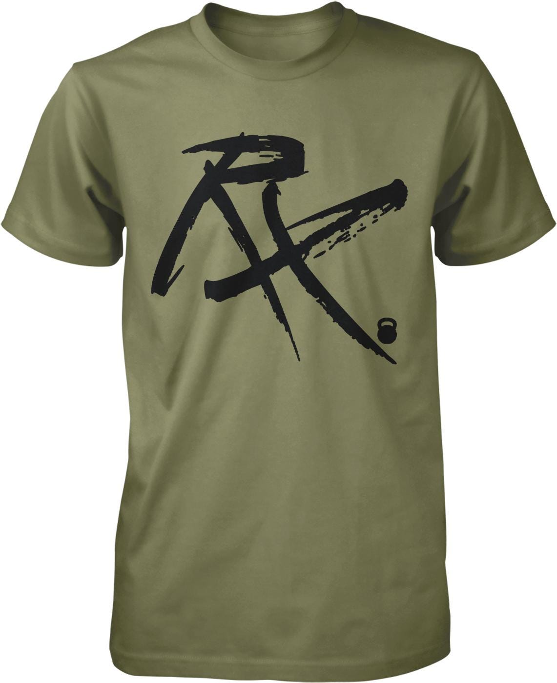 A green t-shirt with a black graphic design featuring a stylized letter "R" and a kettlebell symbol.