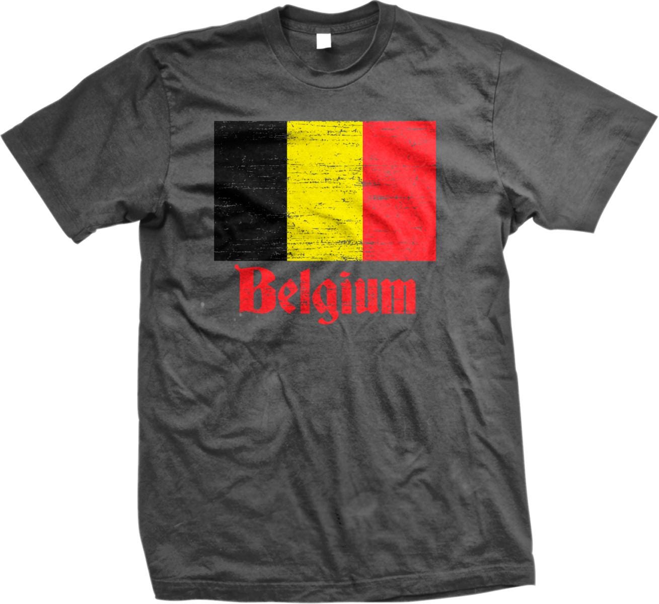 A gray t-shirt with a graphic design featuring the flag of Belgium and the word "Belgium" printed on it.
