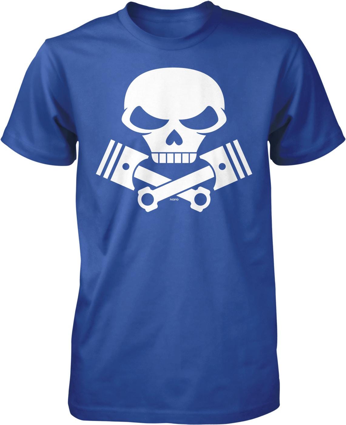 A blue t-shirt with a white skull graphic and crossed engine pistons printed on it.