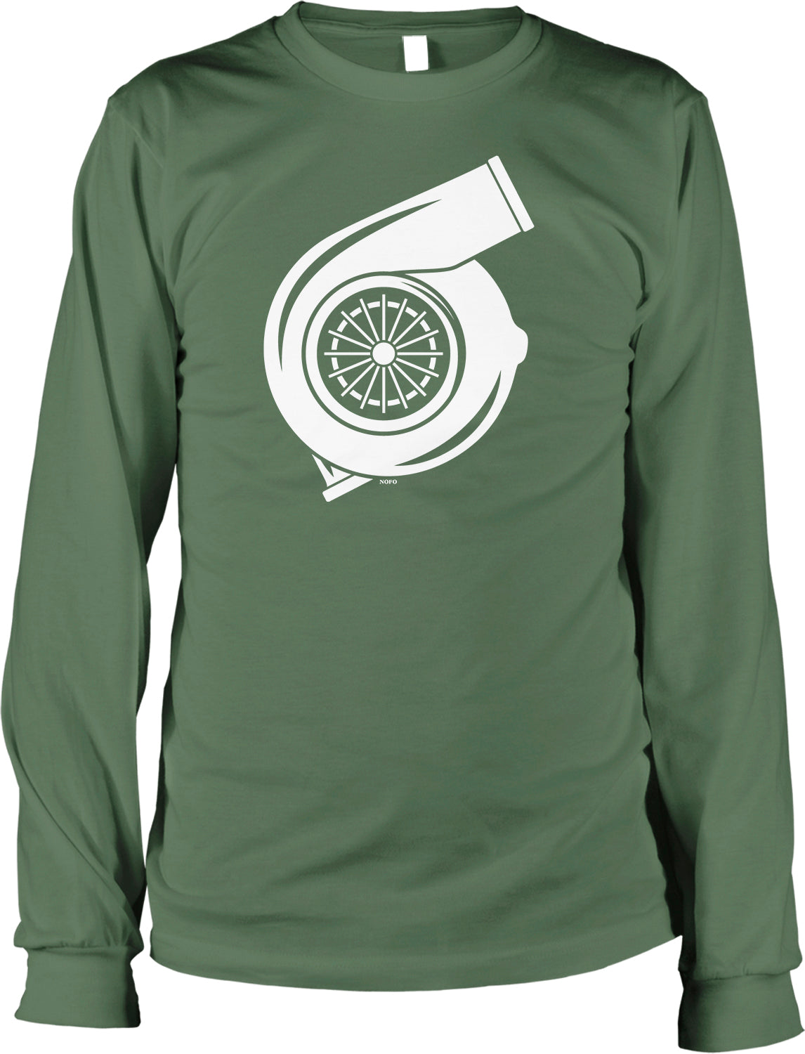 A long-sleeved green t-shirt with a white graphic design depicting a large fan or propeller.
