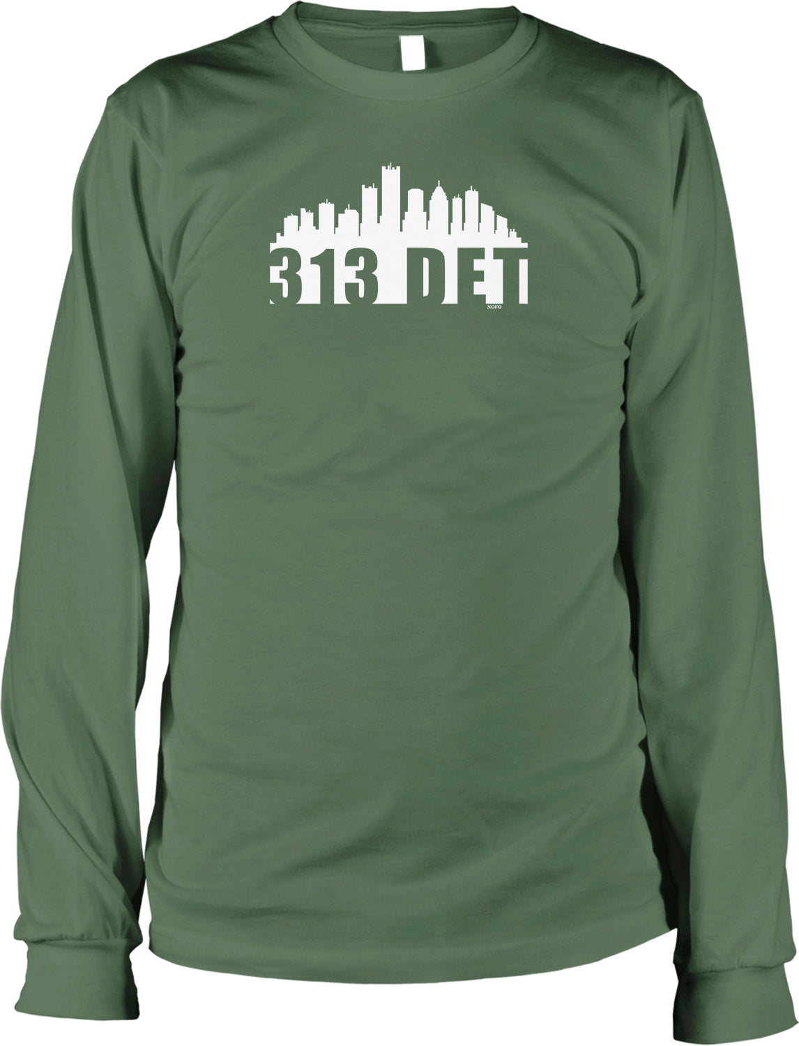 A green long-sleeved t-shirt with a white graphic design depicting a city skyline and the text "313 DET" printed on it.