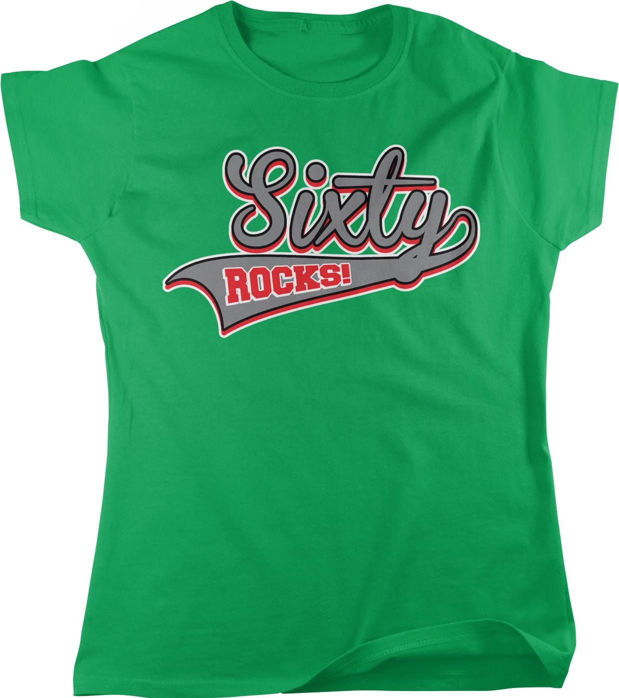 A green t-shirt with the text "Sixty Rocks!" printed on it.