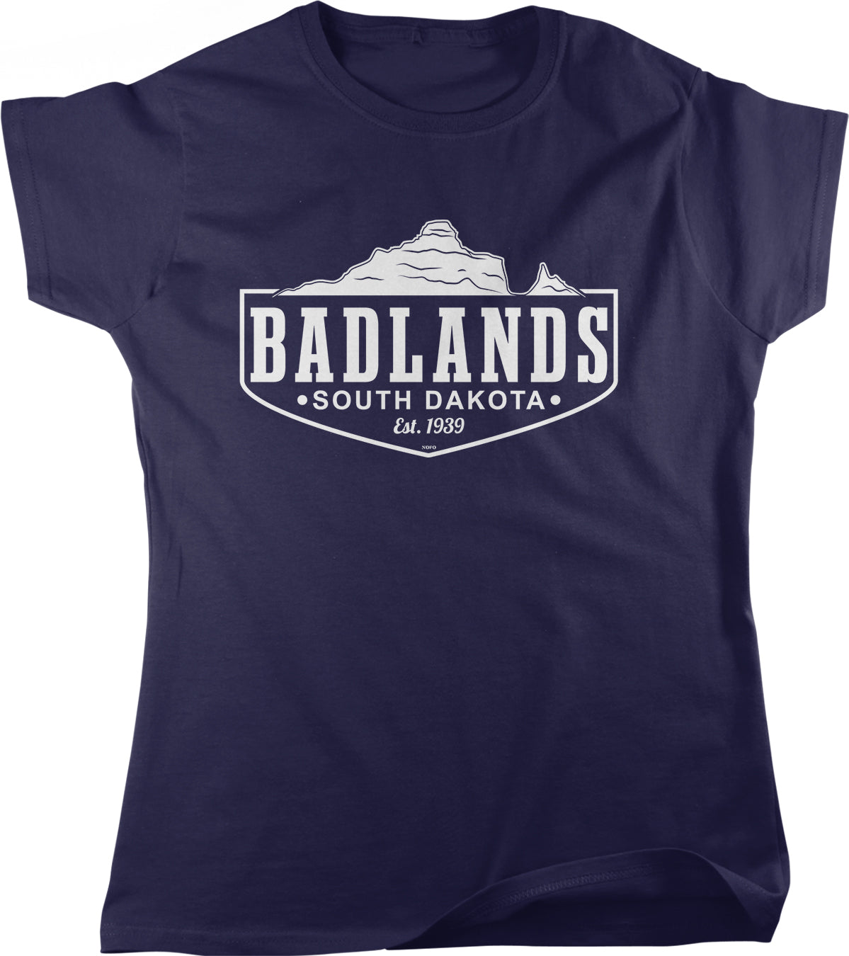 A navy blue t-shirt with a graphic design featuring a mountain and the text "BADLANDS SOUTH DAKOTA est. 1839".