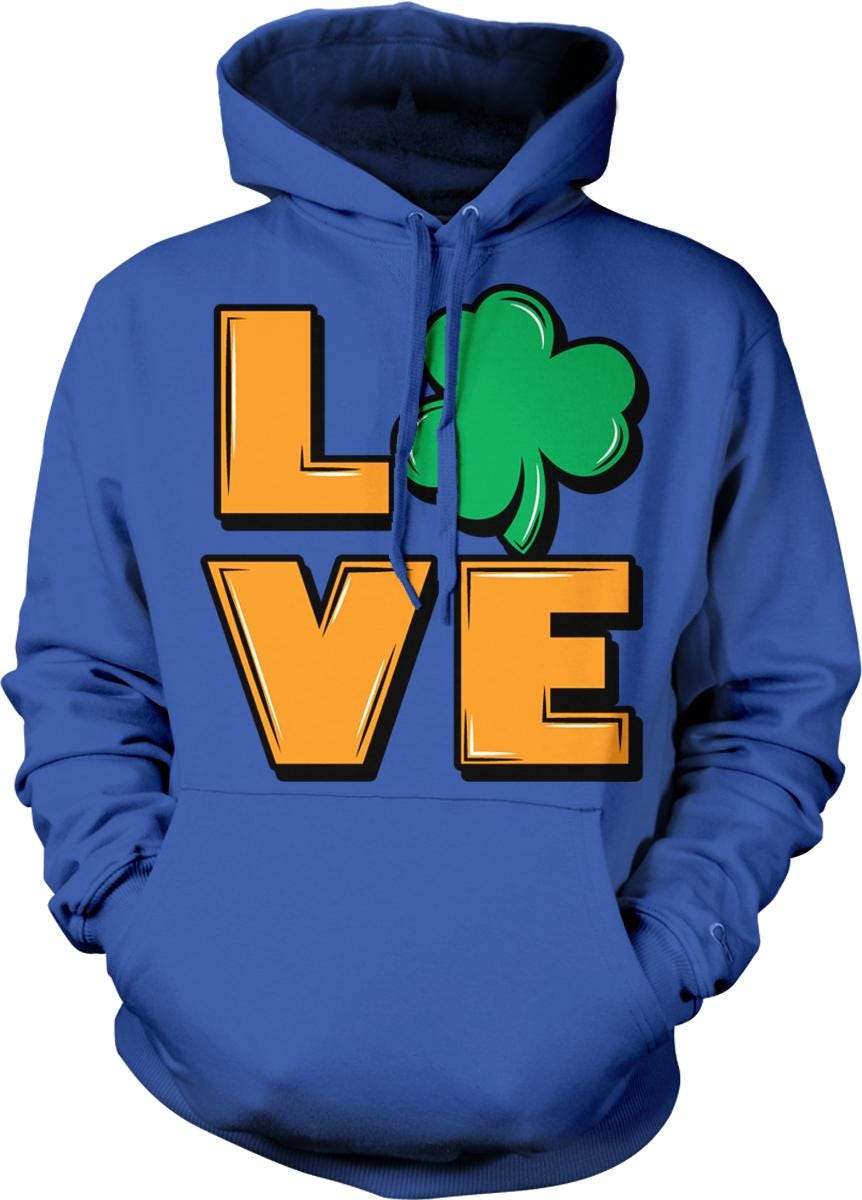 A blue hoodie with the word "LOVE" printed on it, along with a green shamrock symbol.