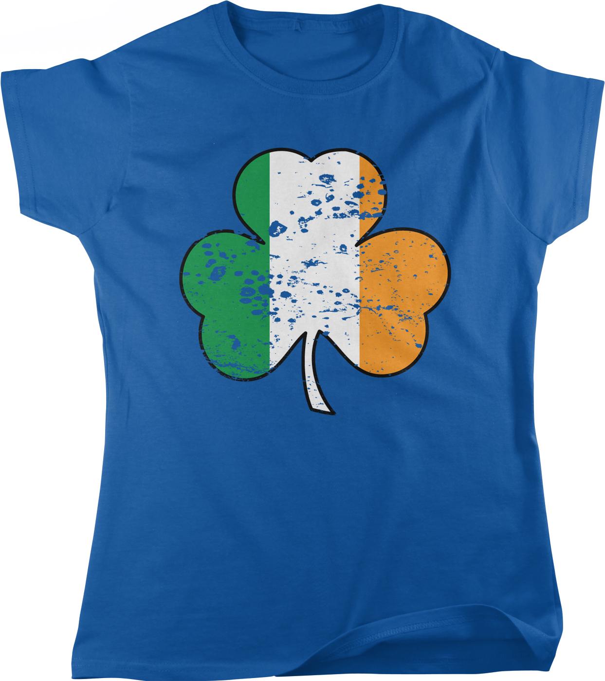 A blue t-shirt with a graphic design of a shamrock, which is a symbol associated with Ireland.
