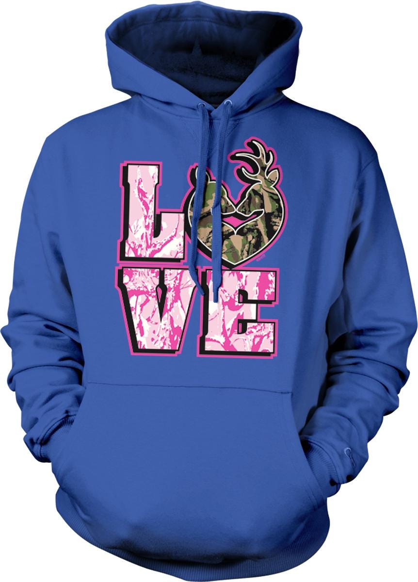 A blue hoodie with a graphic design featuring the word "LOVE" in pink and green colors, along with a camouflage-like shape.
