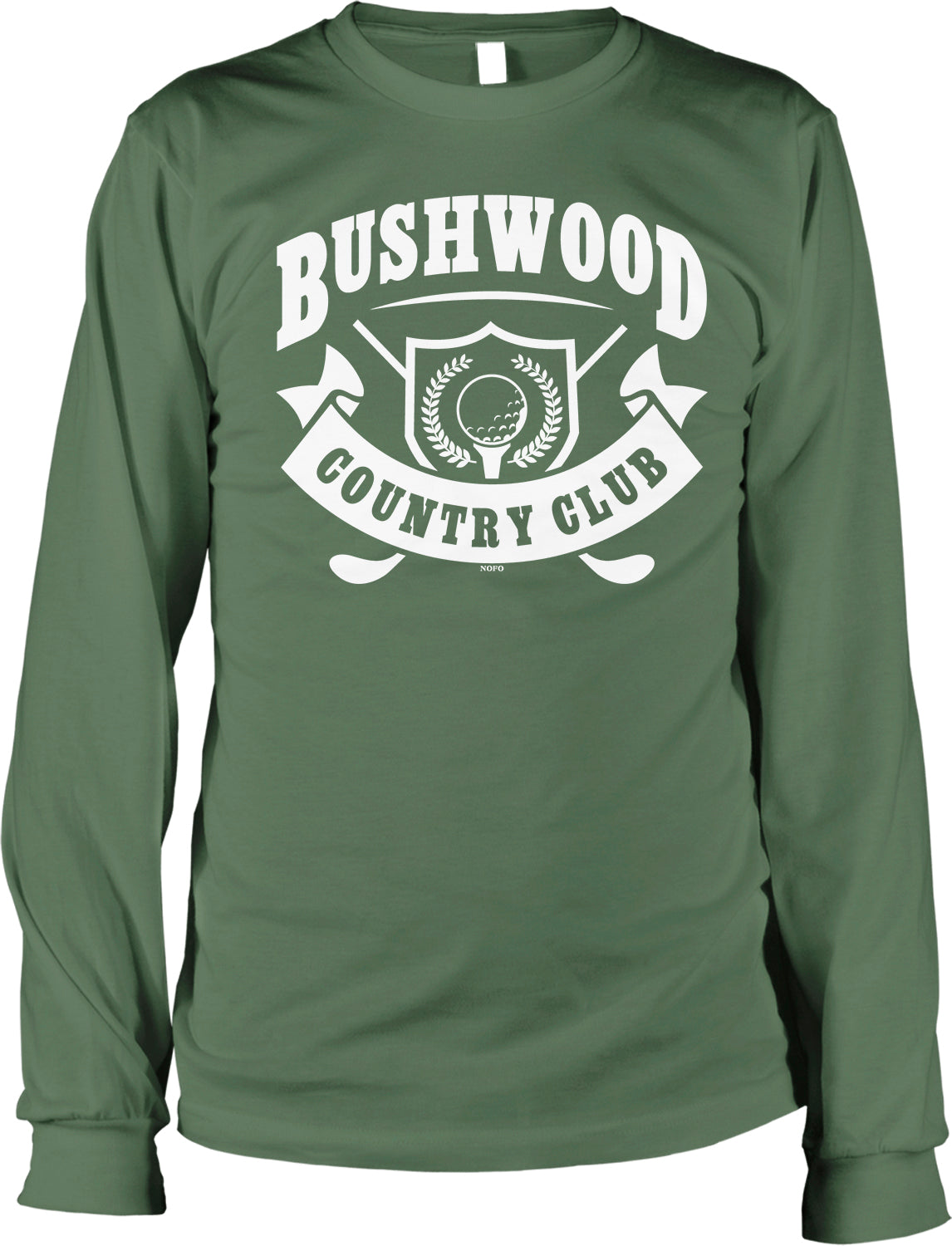 A green long-sleeved t-shirt with the text "BUSHWOOD COUNTRY CLUB" printed on it.