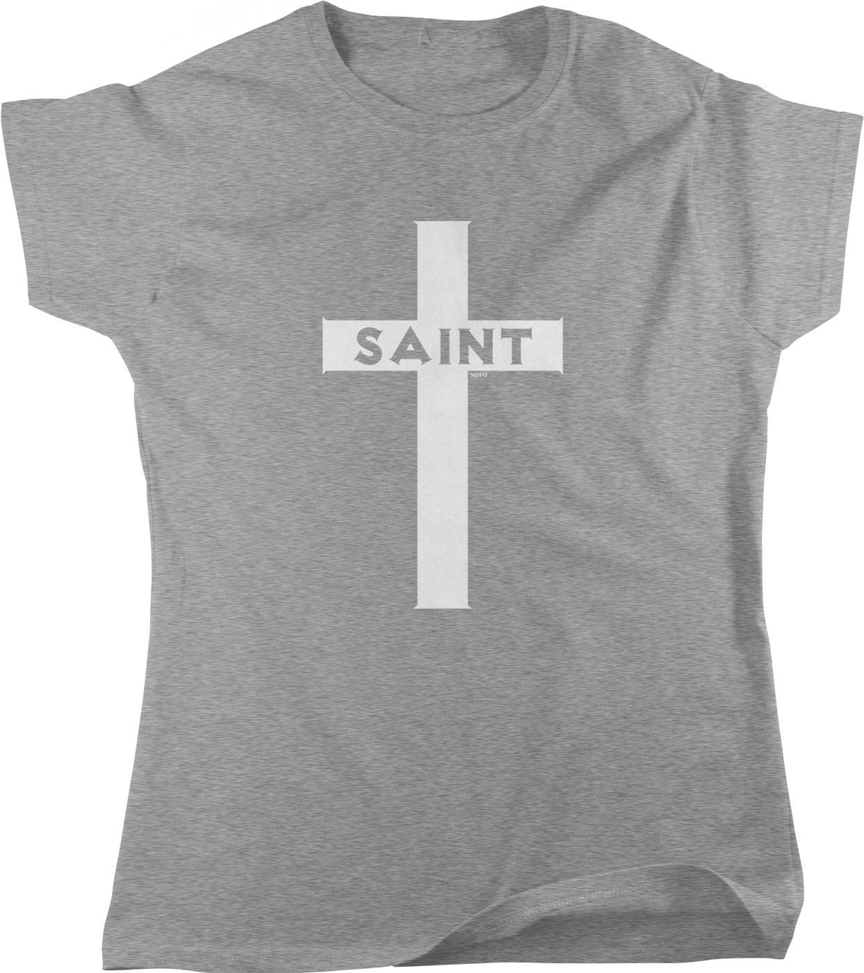 A gray t-shirt with a white cross graphic and the word "SAINT" printed on it.
