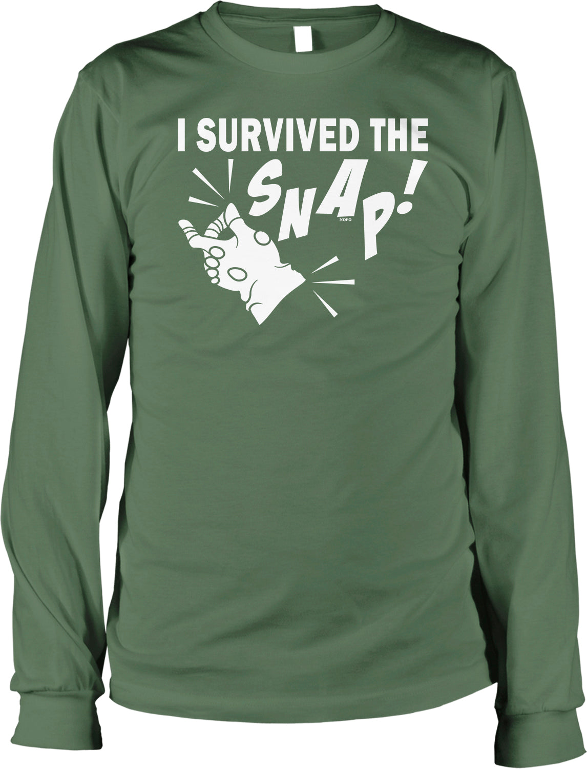 A green long-sleeved t-shirt with the text "I SURVIVED THE SNAP!" printed on it.