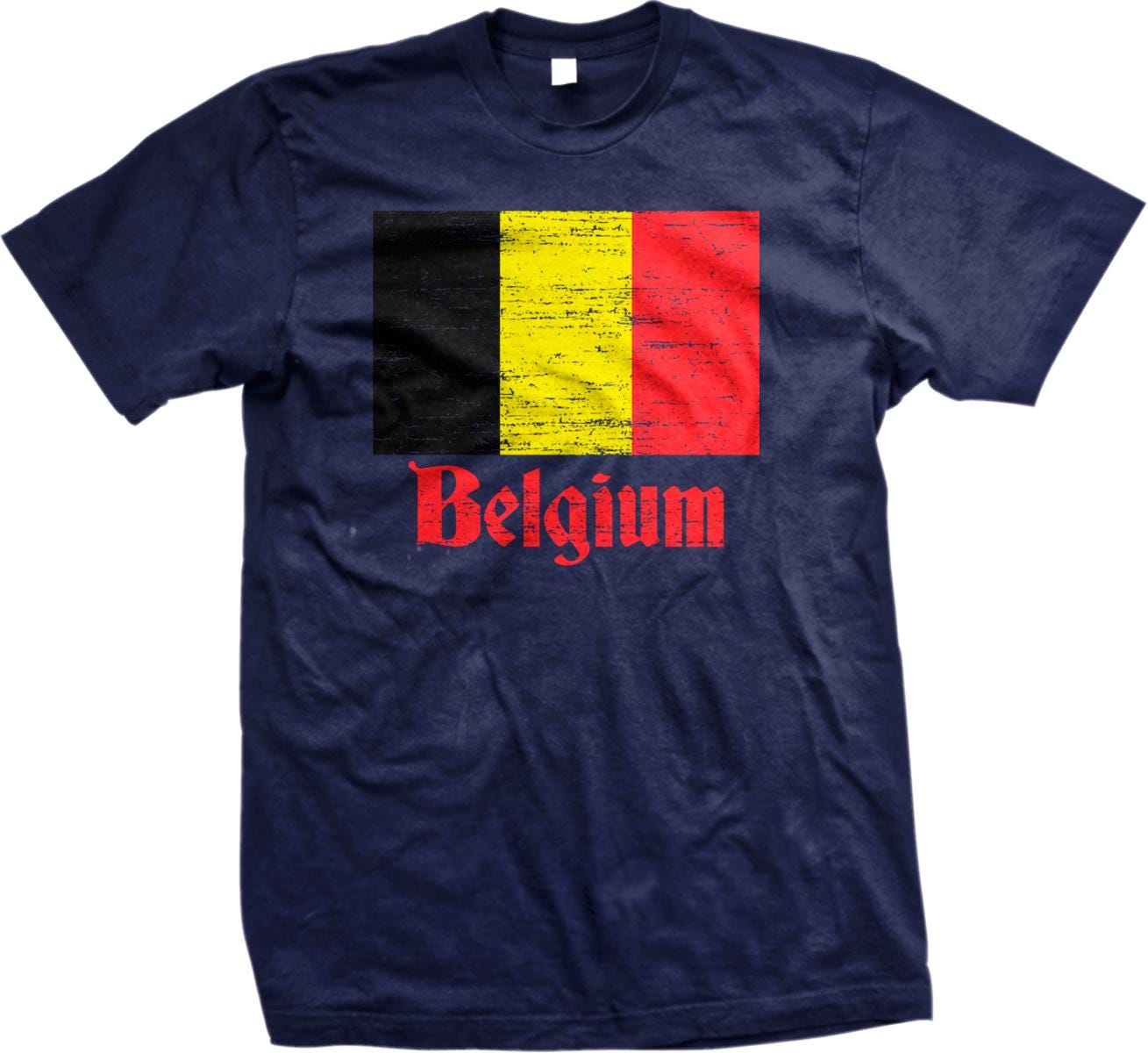 A navy blue t-shirt with a graphic design featuring the flag of Belgium and the word "Belgium" printed on it.