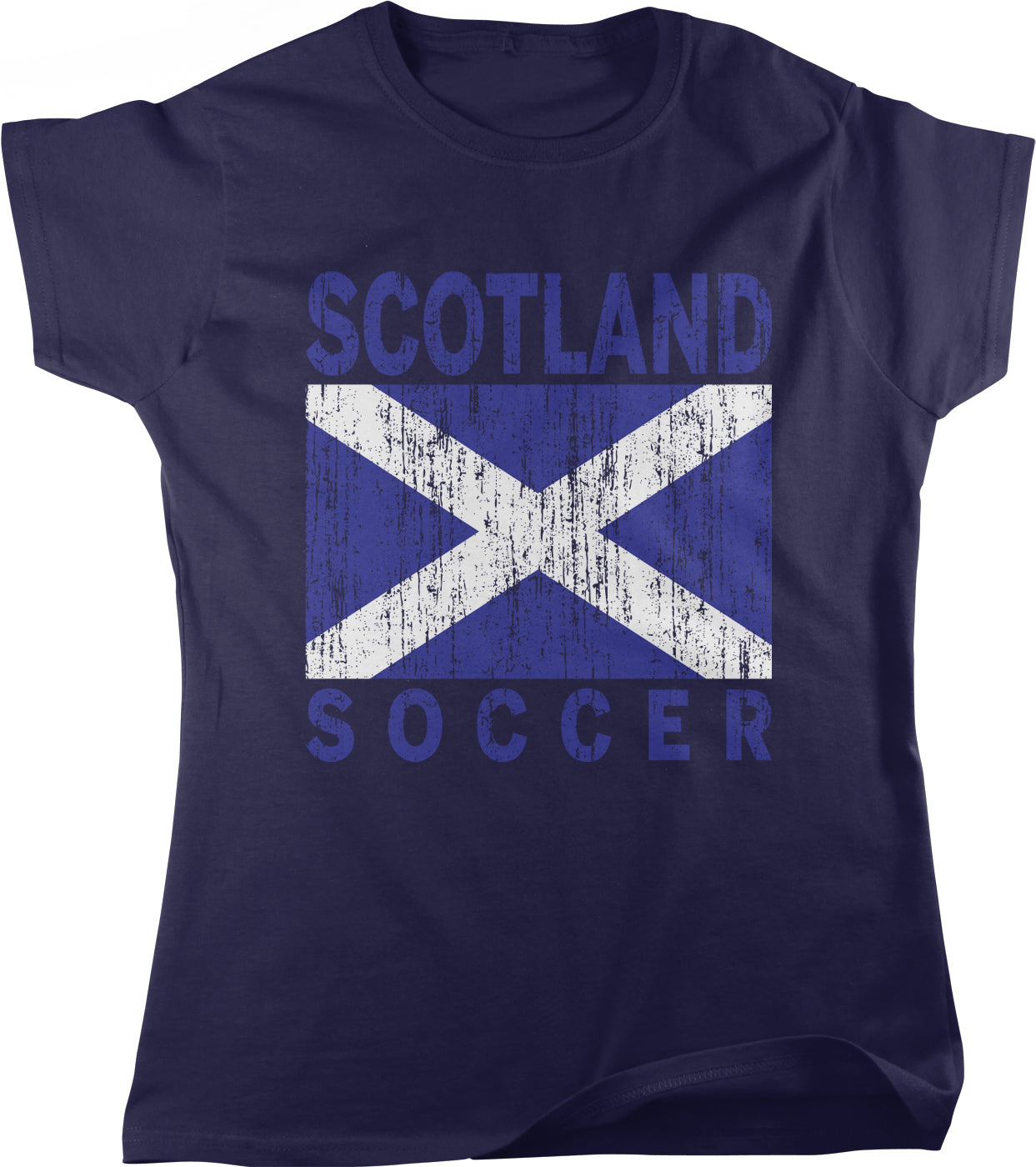 A dark blue t-shirt with the text "SCOTLAND SOCCER" printed on it, along with a graphic of the Scottish flag.