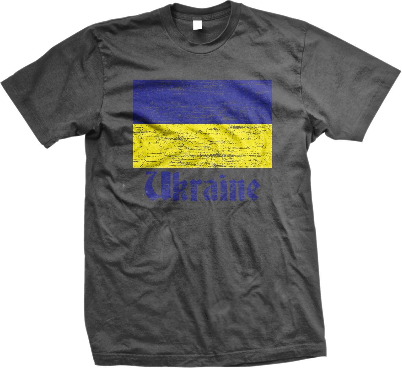 A gray t-shirt with a graphic design featuring the flag of Ukraine, which consists of a blue field and a yellow diagonal stripe.