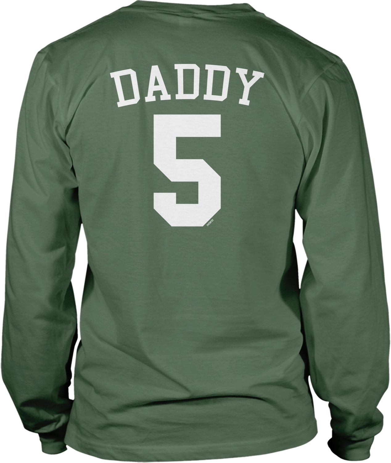 A green long-sleeved t-shirt with the text "DADY 5" printed on the back.