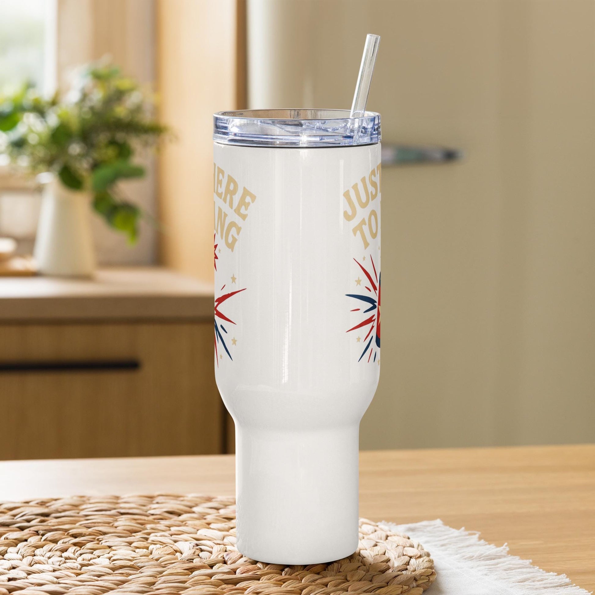 just here to bang july 4th bbq gear Travel mug with a handle