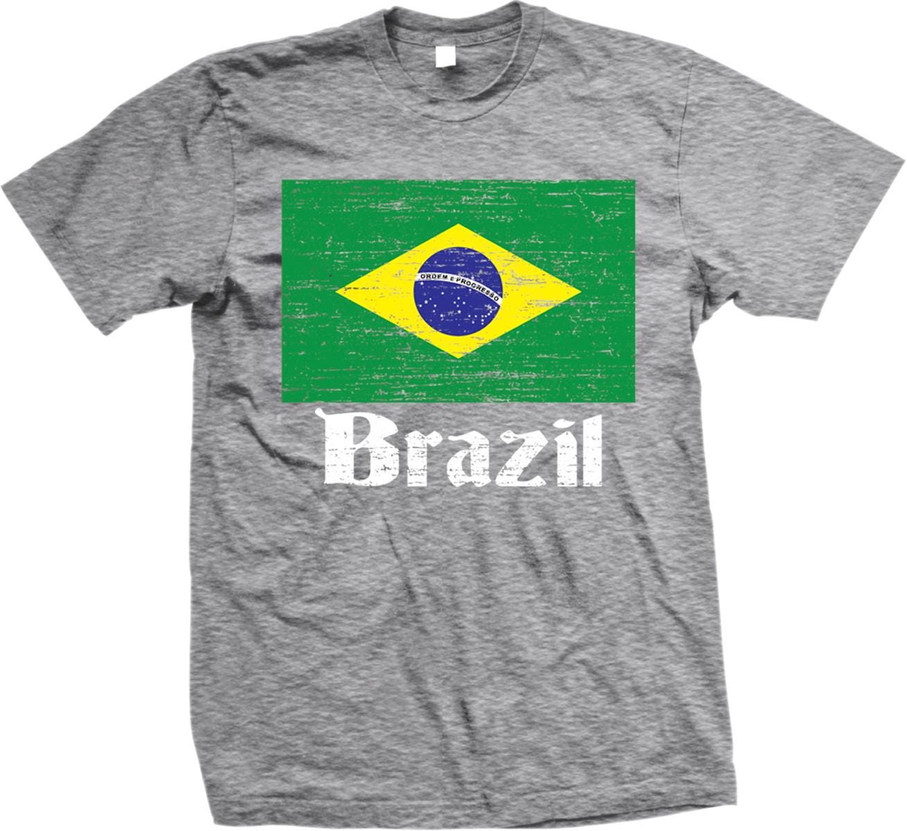 A gray t-shirt with a graphic of the Brazilian flag and the word "Brazil" printed on it.